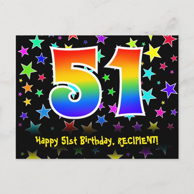 Postal 51° cumpleaños: Patrón de estrellas divertidas, ar (Anverso)