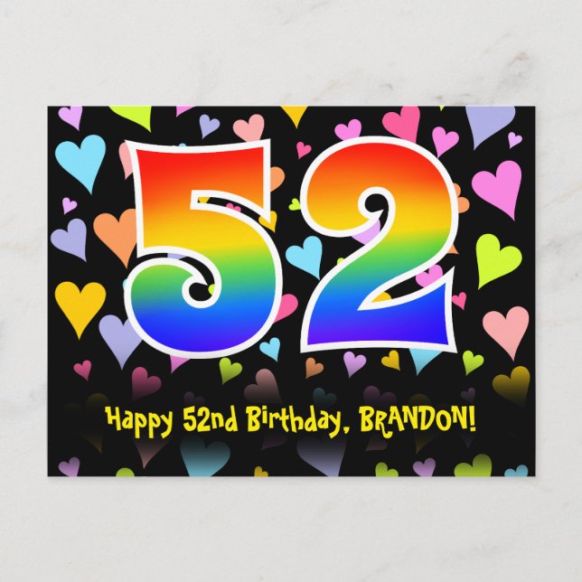 Postal 52º Cumpleaños: Estampado de Corazones Divertidos, (Anverso)