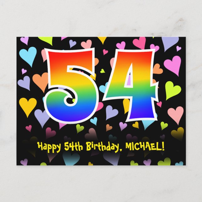 Postal 54º cumpleaños: Patrón de corazones divertidos, ar (Anverso)