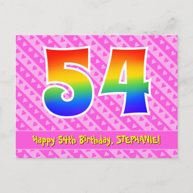 Postal 54º cumpleaños: Rayas rosas y corazones, arco iris (Anverso)