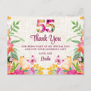 Postal 55 años Flores Linen Floral 55º cumpleaños gracias