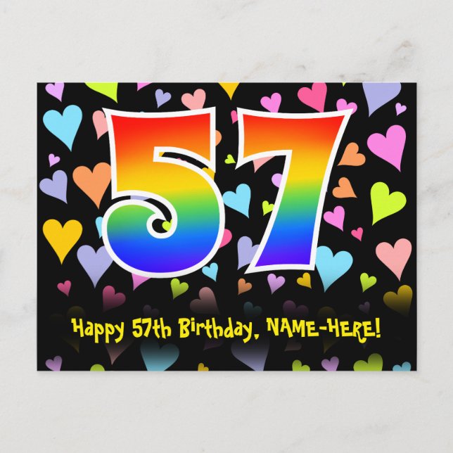 Postal 57º cumpleaños: Patrón de corazones divertidos, ar (Anverso)