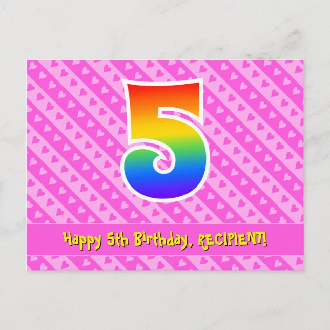 Postal 5.º cumpleaños: Estripas y corazones rosados, arco (Anverso)