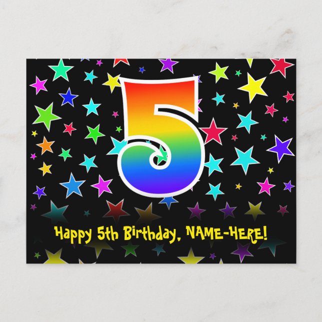 Postal 5.º cumpleaños: Patrón de estrellas divertidas, ar (Anverso)