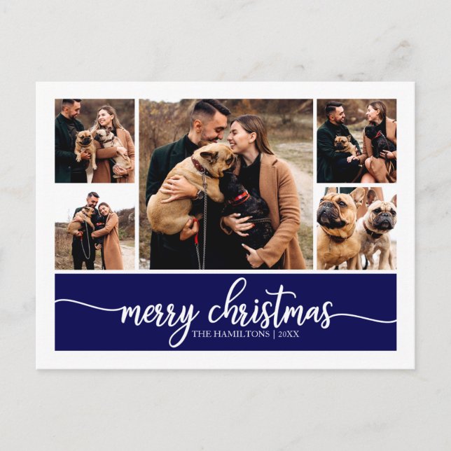 Postal 5 fotos Collage estiloso Feliz Navidad Azul (Anverso)