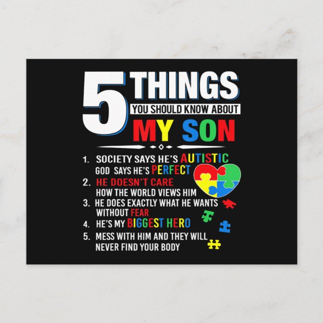 Postal 5 Things You Should Know About My Son Autism Aware (Anverso)