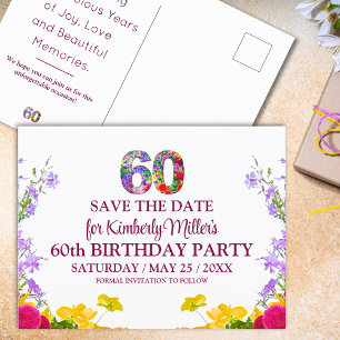 Postal 60 años floral moderna fiesta de 60 años