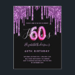 Postal 60 y fabuloso purpurina goteando glam morado negro<br><div class="desc">Invitación a una fiesta de cumpleaños femenina y femenina de 60 años. Delante: Un fondo negro de moda. Decorada con tonalidades purpurinas de color morado oscuro, con pinturas que gotean. Personalice y agregue un nombre y detalles del fiesta. El nombre está escrito con un guión de estilo con letras a...</div>