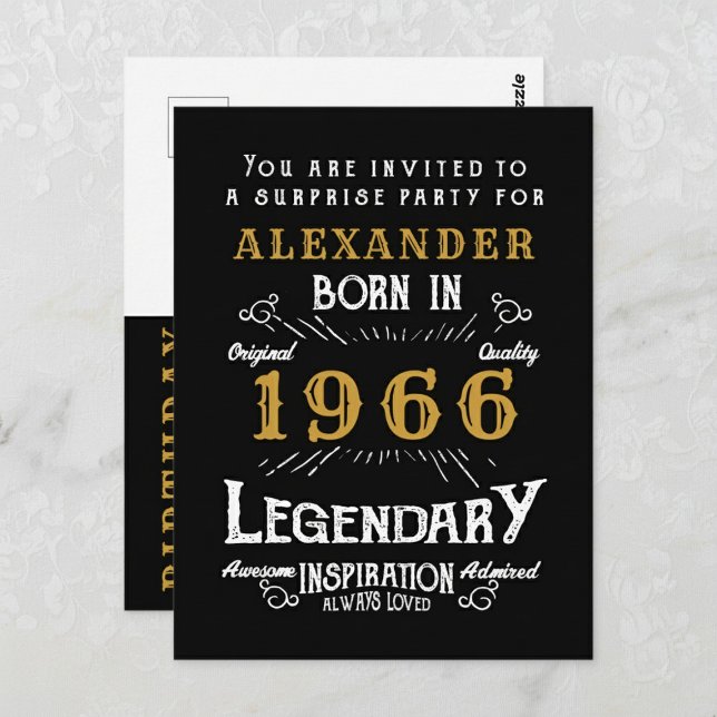 Postal 60th Birthday 1966 Black Gold Legend Invitation (1966 birthday invitation postcard. Background white lace.)