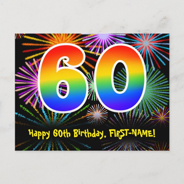 Postal 60th Birthday – Fun Fireworks Pattern + Rainbow 60 (Anverso)