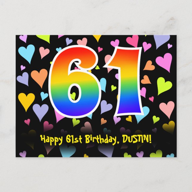 Postal 61° cumpleaños: Patrón de corazones divertidos, ar (Anverso)