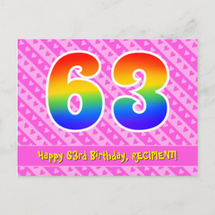 Postal 63° cumpleaños: Rayas y corazones rosados, arco ir
