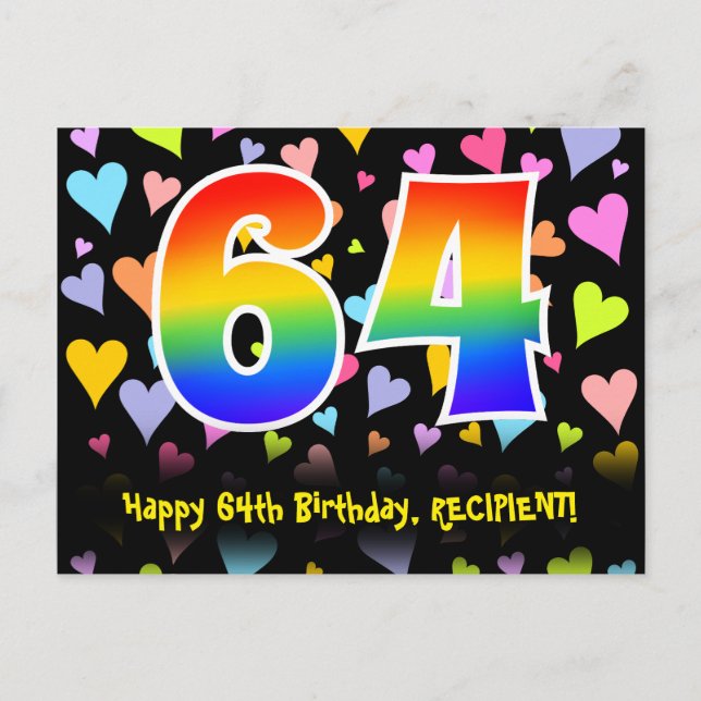 Postal 64º cumpleaños: Patrón de corazones divertidos, ar (Anverso)
