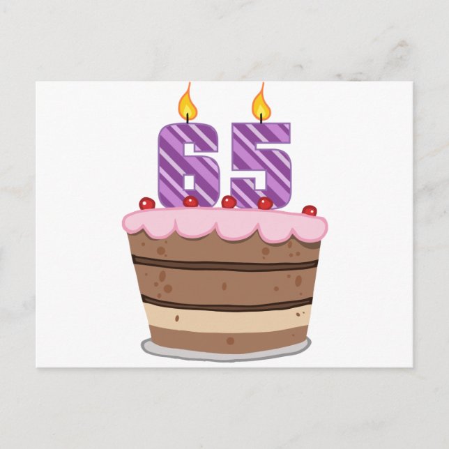 Postal 65 años en el pastel de cumpleaños (Anverso)