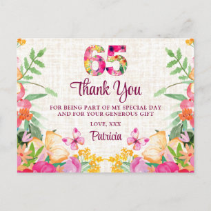 Postal 65 años Flores Linen Floral 65º cumpleaños gracias