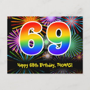 Postal 69 cumpleaños – Patrón divertido de fuegos artific