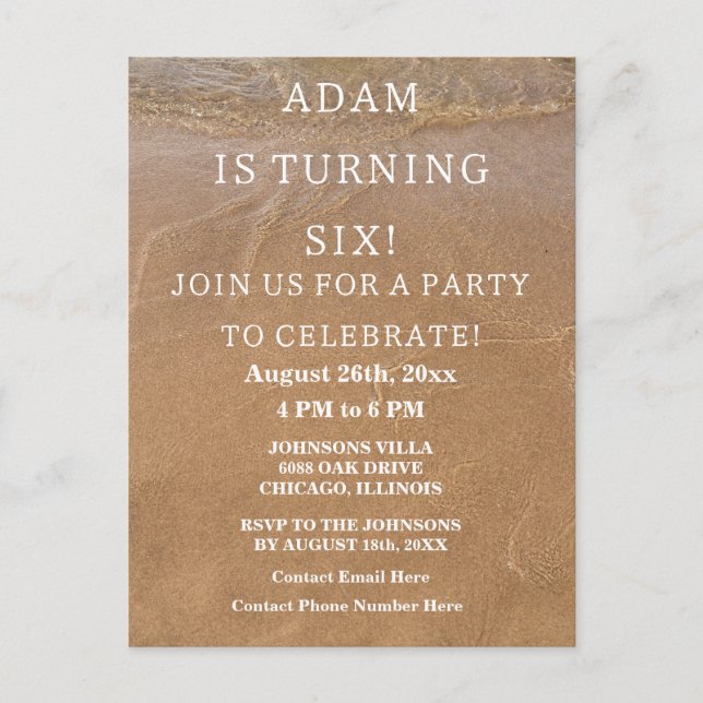 Postal 6.ª Fiesta de Cumpleaños Sandy Beach Ocean Custom  (Anverso)