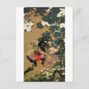 Postal 6. 紫 陽 花 双 鶏 図, 若~ Hydrangea y Rooster, Jakuchū