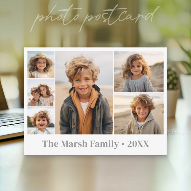 Postal 6 Collage de fotos con fondo blanco (Photo Postcard that You Can Customize with your favorite photos - Modern, minimal design)