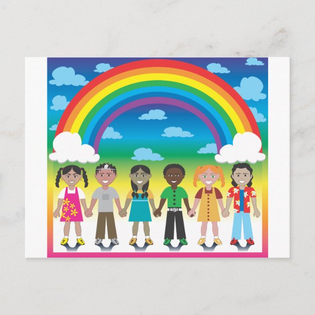 Postal 6 niños felices bajo un arcoiris con un fondo colo (Anverso)