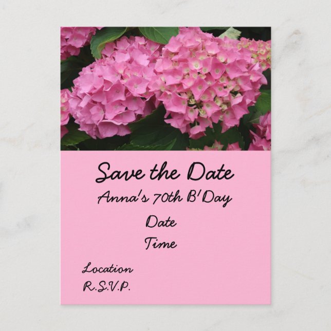 Postal 70.º cumpleaños con flores de horangea rosa (Anverso)