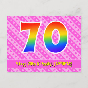 Postal 70° cumpleaños: Rayas rosas y corazones, arco iris