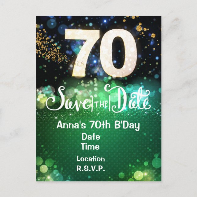 Postal 70th Birthday Save the Date Green  Postcard (Anverso)