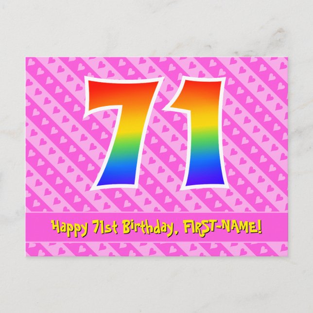Postal 71° cumpleaños: Rayas y corazones rosados, arco ir (Anverso)