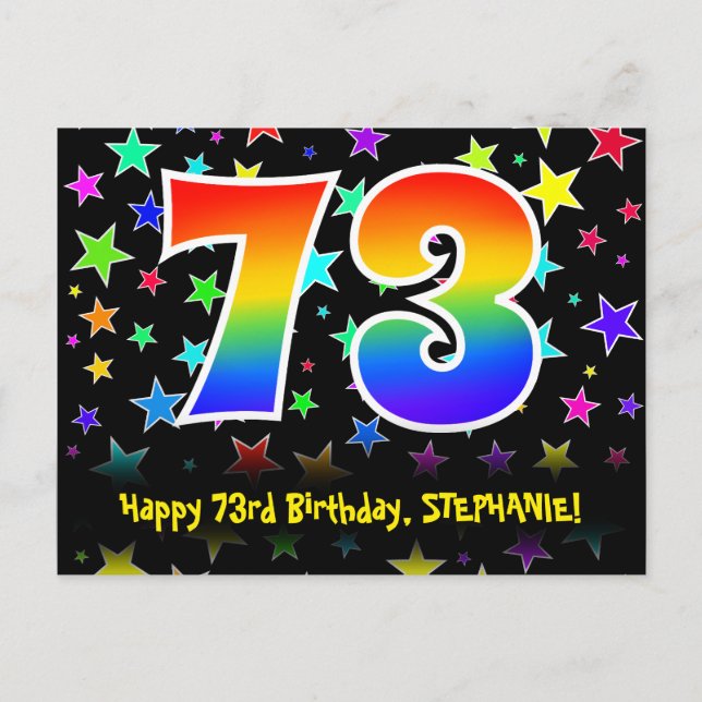 Postal 73.º cumpleaños: Patrón de estrellas divertidas, a (Anverso)