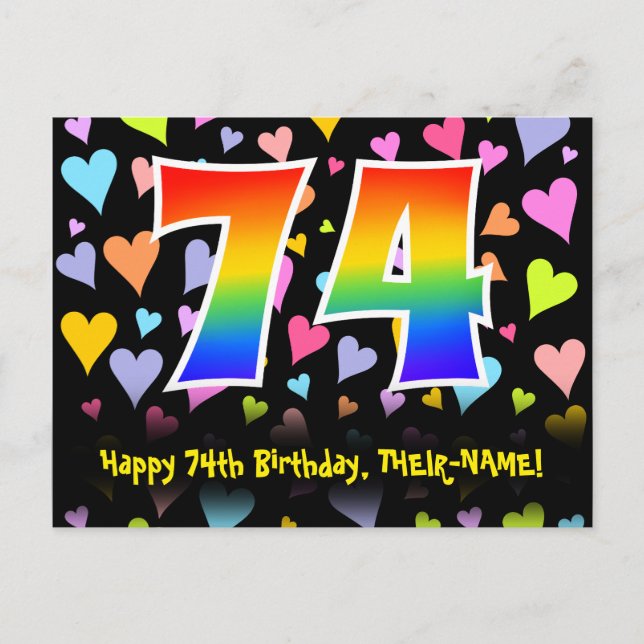 Postal 74º cumpleaños: Patrón de corazones divertidos, ar (Anverso)