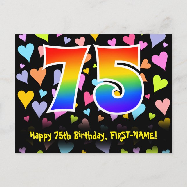 Postal 75º cumpleaños: Patrón de corazones divertidos, ar (Anverso)