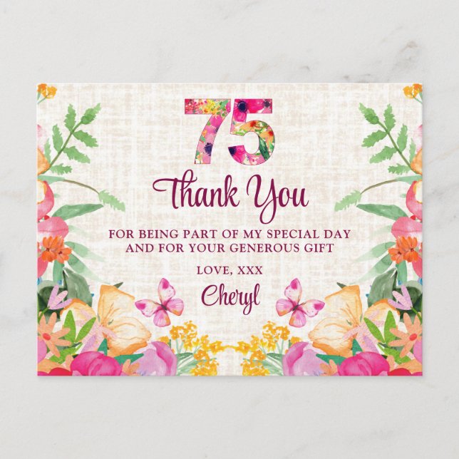 Postal 75 años Flores Linen Floral 75º cumpleaños gracias (Anverso)