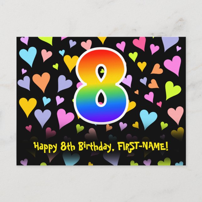 Postal 8º Cumpleaños: Estampado de Corazones Divertidos,  (Anverso)