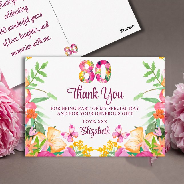 Postal 80 Años Flores Mariposa Cumpleaños 80 Gracias (Subido por el creador)