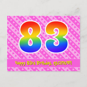 Postal 83° cumpleaños: Rayas y corazones rosas, arco iris