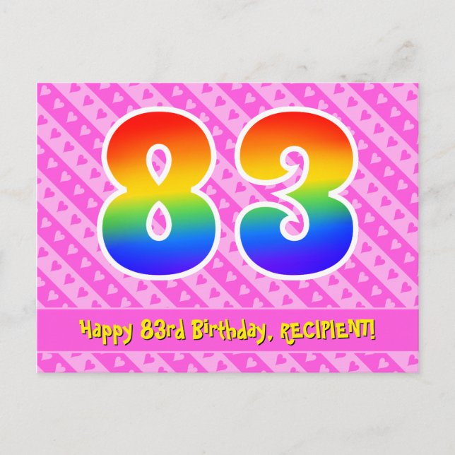 Postal 83° cumpleaños: Rayas y corazones rosas, arco iris (Anverso)