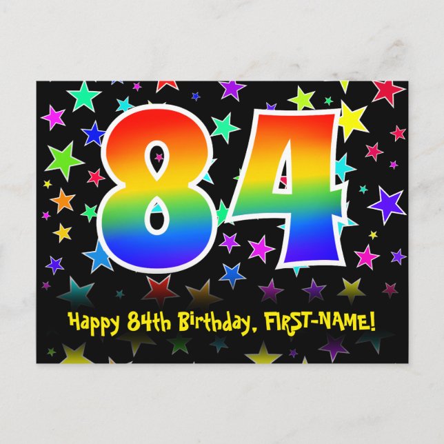 Postal 84º cumpleaños: Patrón de estrellas divertidas, ar (Anverso)