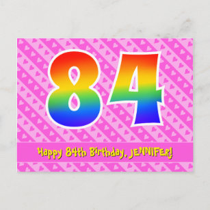 Postal 84º cumpleaños: Rayas rosas y corazones, arco iris