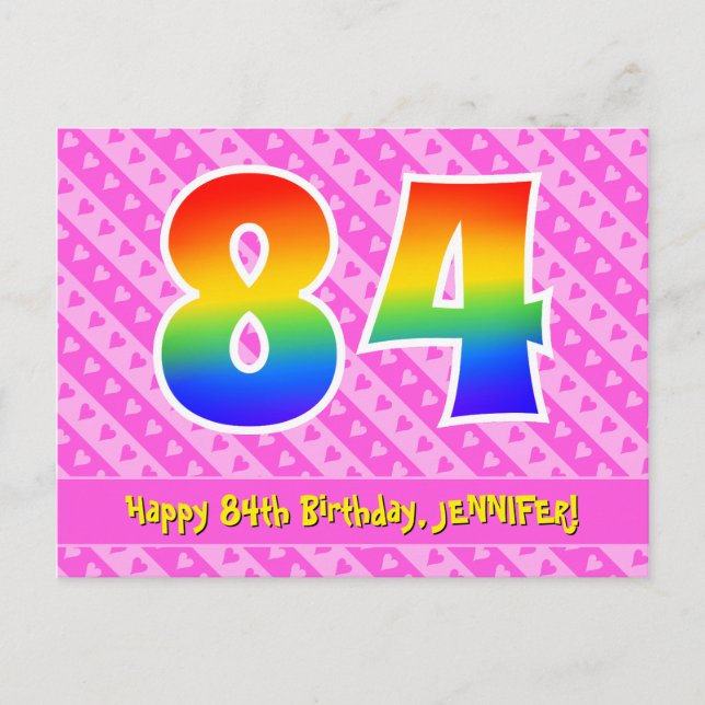 Postal 84º cumpleaños: Rayas rosas y corazones, arco iris (Anverso)