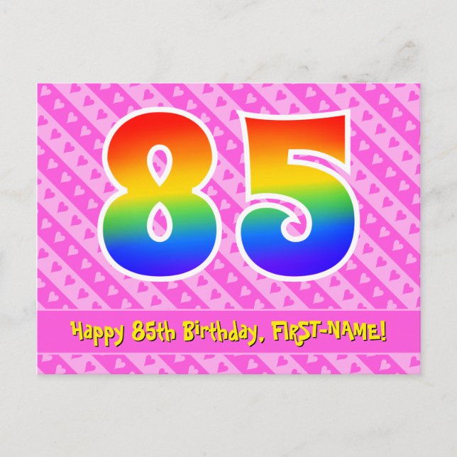 Postal 85º cumpleaños: Rayas rosas y corazones, arco iris (Anverso)