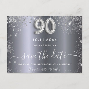 Postal 90.º purpurina de plata de cumpleaños salva la fec