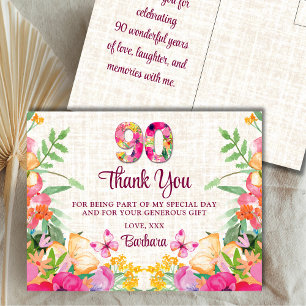 Postal 90 años Flores Linen Floral 90 cumpleaños gracias