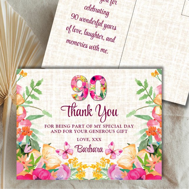Postal 90 años Flores Linen Floral 90 cumpleaños gracias (Subido por el creador)