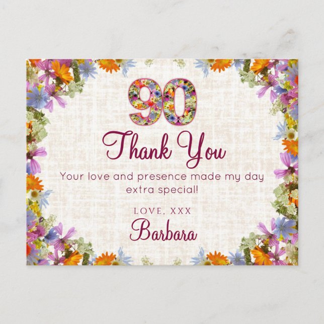 Postal 90 cumpleaños gracias - Elegante diseño floral (Anverso)