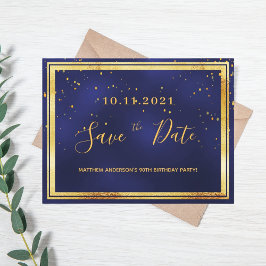 Postal 90 cumpleaños oro azul oscuro salva la fecha