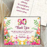 Postal 90 Years Flowers Linen 90th Birthday Gracias<br><div class="desc">90 Years Flowers Linen 90th Birthday Gracias Postcard. Gracias a los invitados con esta floral floral 90 cumpleaños gracias postal. Con sus audaces flores "90",  flores y mariposas,  es una manera encantadora de expresar gratitud. El texto del personalizable le da un toque personal a su celebración. ¡Disfrútalo!</div>