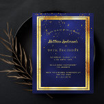 Postal 90th birthday party blue gold shiny invitation<br><div class="desc">A trendy,  modern 90th birthday party invitation card for men,  guys,  male.   A dark blue,  navy blue background. The blue color is uneven.  With a faux gold frame and golden confetti sprinkle,  golden colored letters. Templates for your party information.
Back: plain postcard design.</div>