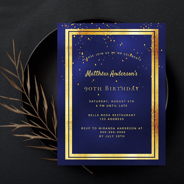 Postal 90th birthday party blue gold shiny invitation (Subido por el creador)