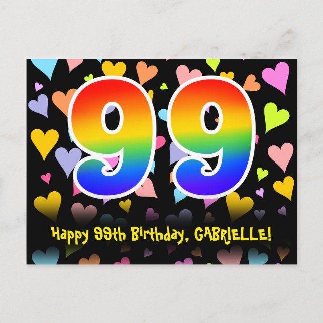 Postal 99º cumpleaños: Patrón de corazones divertidos, ar (Anverso)