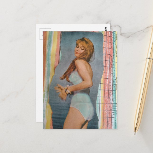 Postal A Beautiful Woman in 1957 on the beach collage (Anverso/Reverso In Situ)